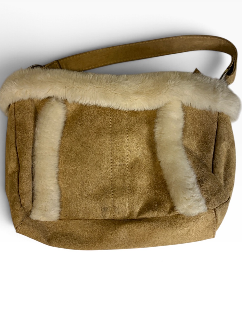 Tan Suede Look Cream Fuzzy Trim Shoulder Bag Y2K Baguette Purse